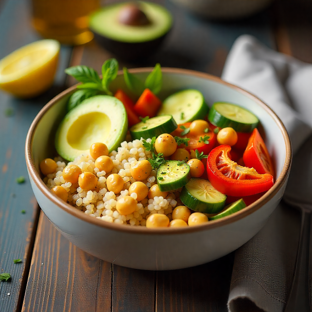 Healthy Lunch Bowl with Quinoa, Chickpeas, and Roasted Veggies